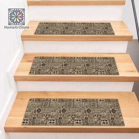 Hawaii Style Stair Rugs, Authentic Stair Tread Carpet, Tapa Motif Step Mats, Tribal Stair Mat