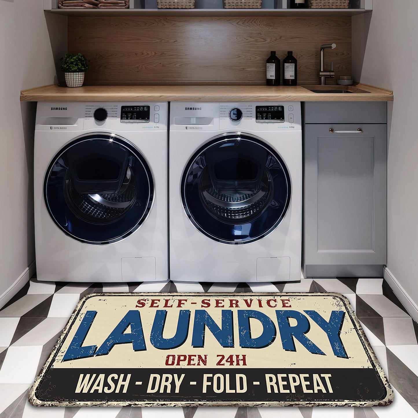 Retro Style Laundry Rug, Nonslip Area Mat for Laundry Room, Bath Mat, Vintage Bathroom Decor