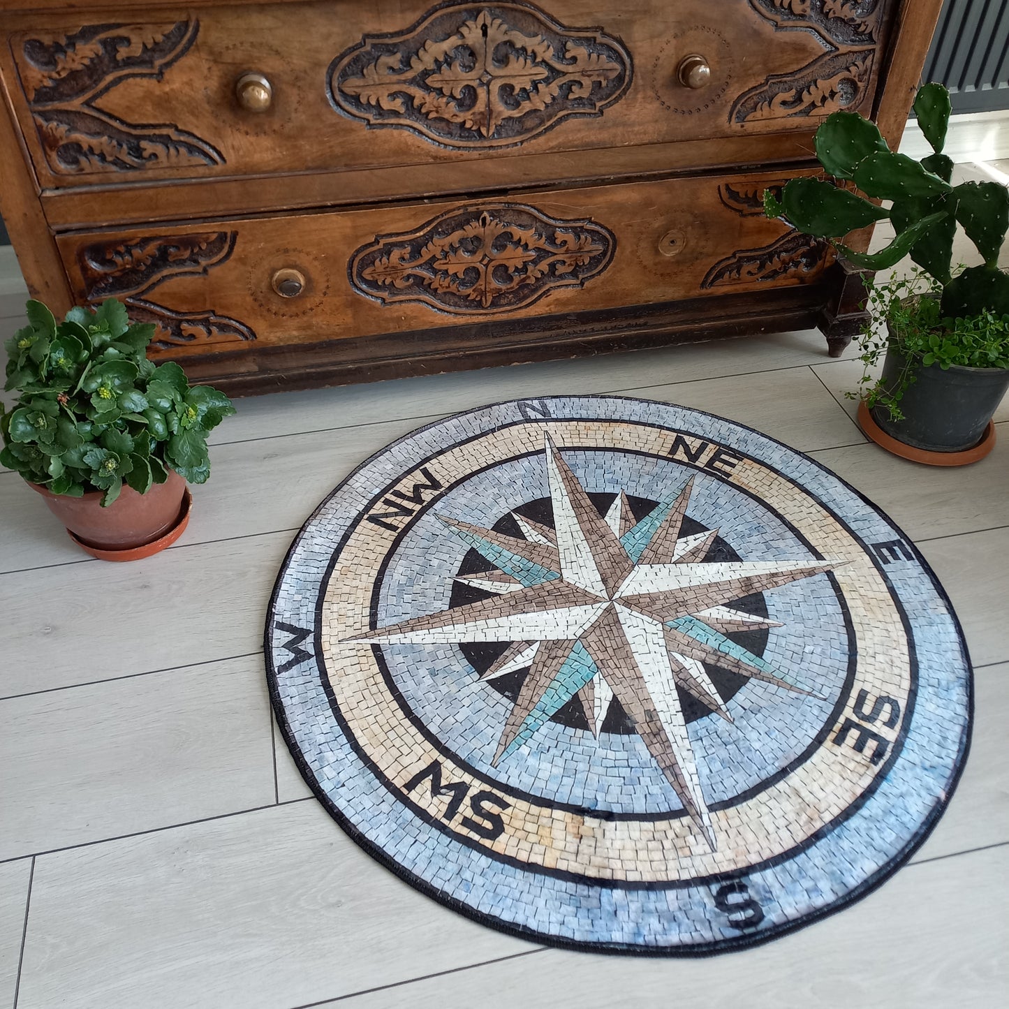 3D Ancient Stone Rug, Compass Carpet, Yacht Round Mat, Summer House Decor, Gift