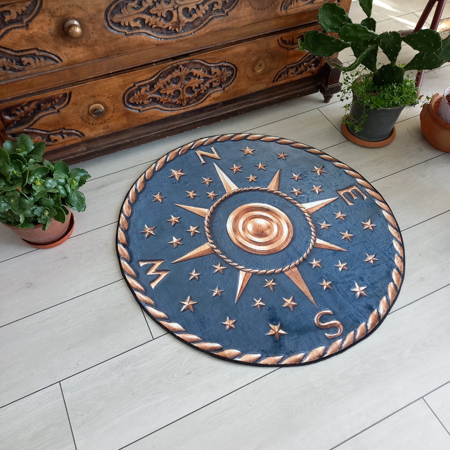 3D Looking Navy Compass Rug, Compass Rose Carpet, Ocean Coastal Home Decor, Cool Yacht Round Mat