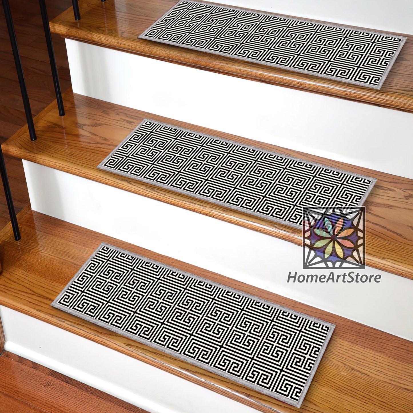 Illusion Pattern Stair Treads Rugs, Black and White Geometric Step Stair Mats, Non-Slip Stair Rugs, Modern Stair Carpet