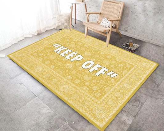 Yellow Color Keep Off Text Rug, Floral Carpet, Turkish Motif Living Room Mat, Keepoff Printed Decor