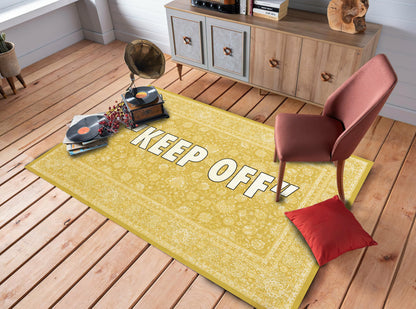 Yellow Color Keep Off Text Rug, Floral Carpet, Turkish Motif Living Room Mat, Keepoff Printed Decor