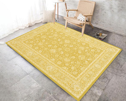 Yellow Bohemian Rug, Modern Themed Carpet, Flowers Turkish Motif Mat, Kitchen Decor