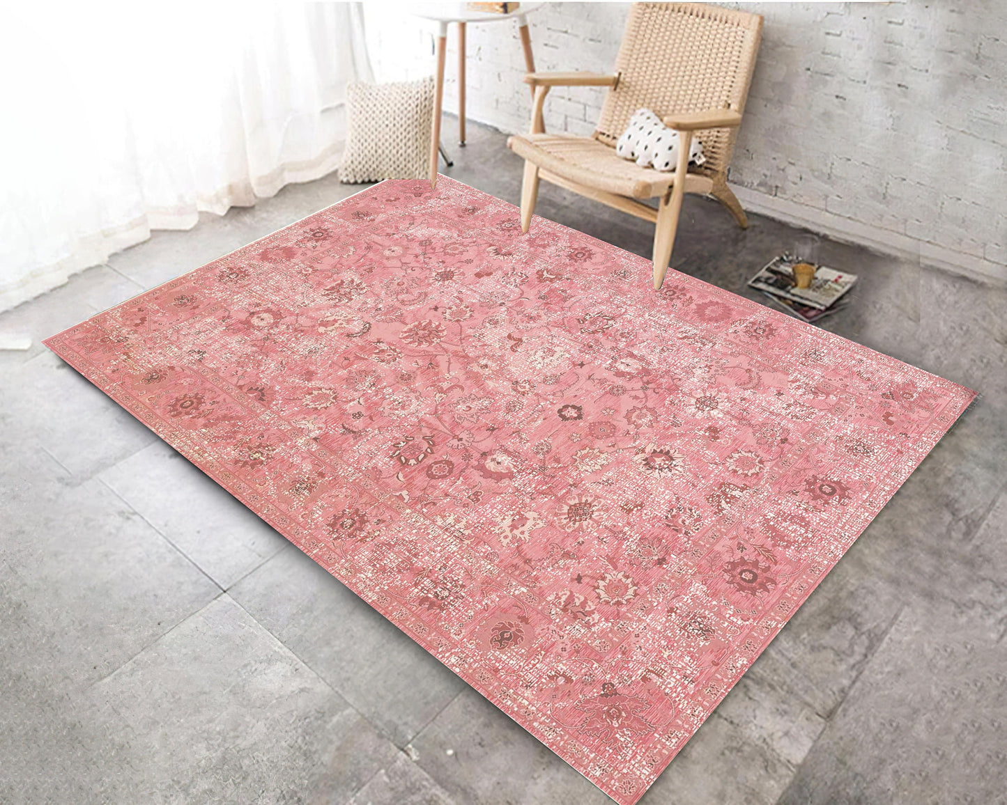 Pink Classical Themed Rug, Vintage Tapestry Area Mat, Grandiose Era Floor Bedroom Carpet, Turkish Motif Decor