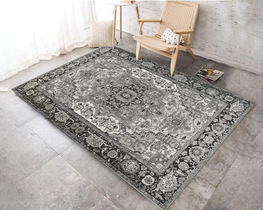 Grey Color Ottoman Rug, Classical Motif Carpet, Luxury Living Room Mat, Retro Style Oriental Home Decor