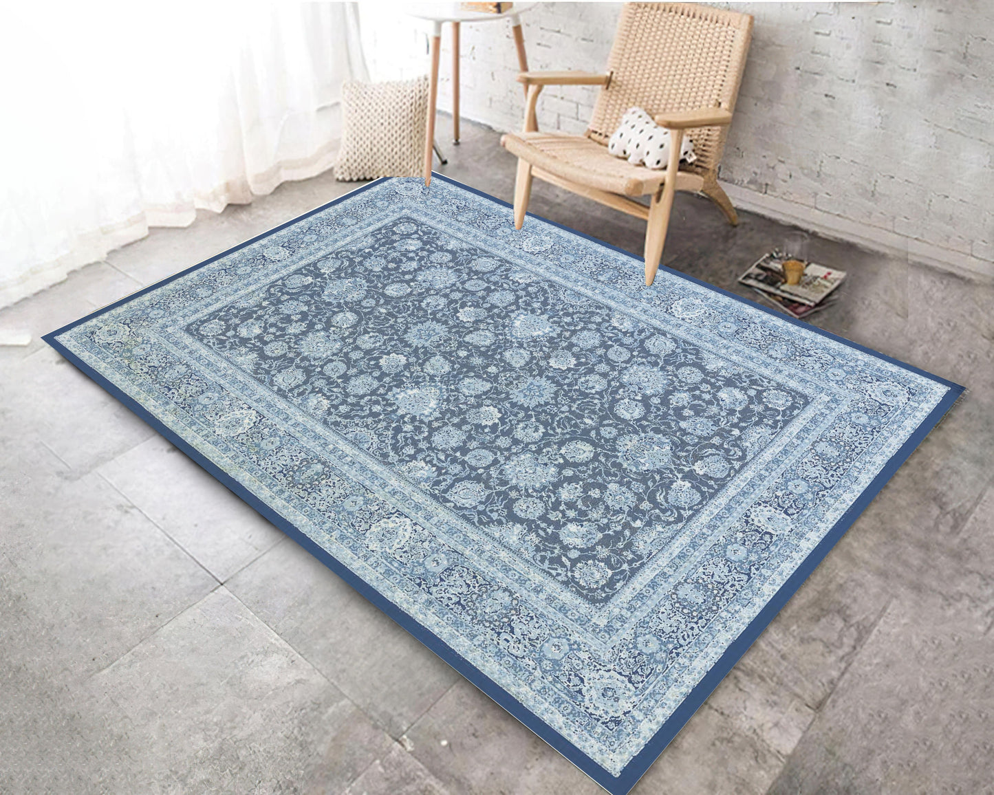 Blue Modern Themed Rug, Floral Motif Carpet, Luxury Home Decor, Living Room Mat, Boho Rug