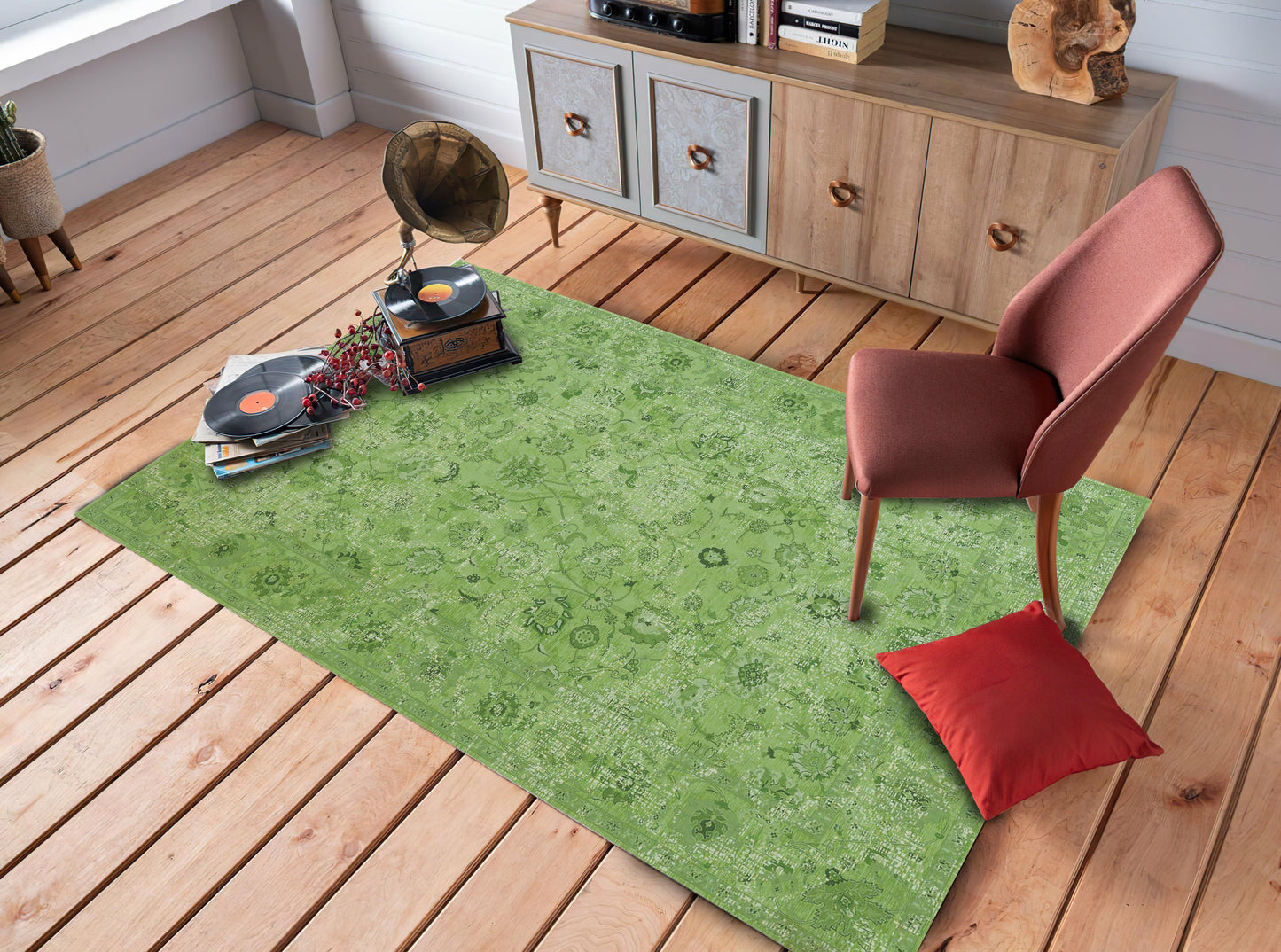 Green Floral Printed Rug, Classical Carpet, Vintage Turkish Motif Mat, Living Room Carpet
