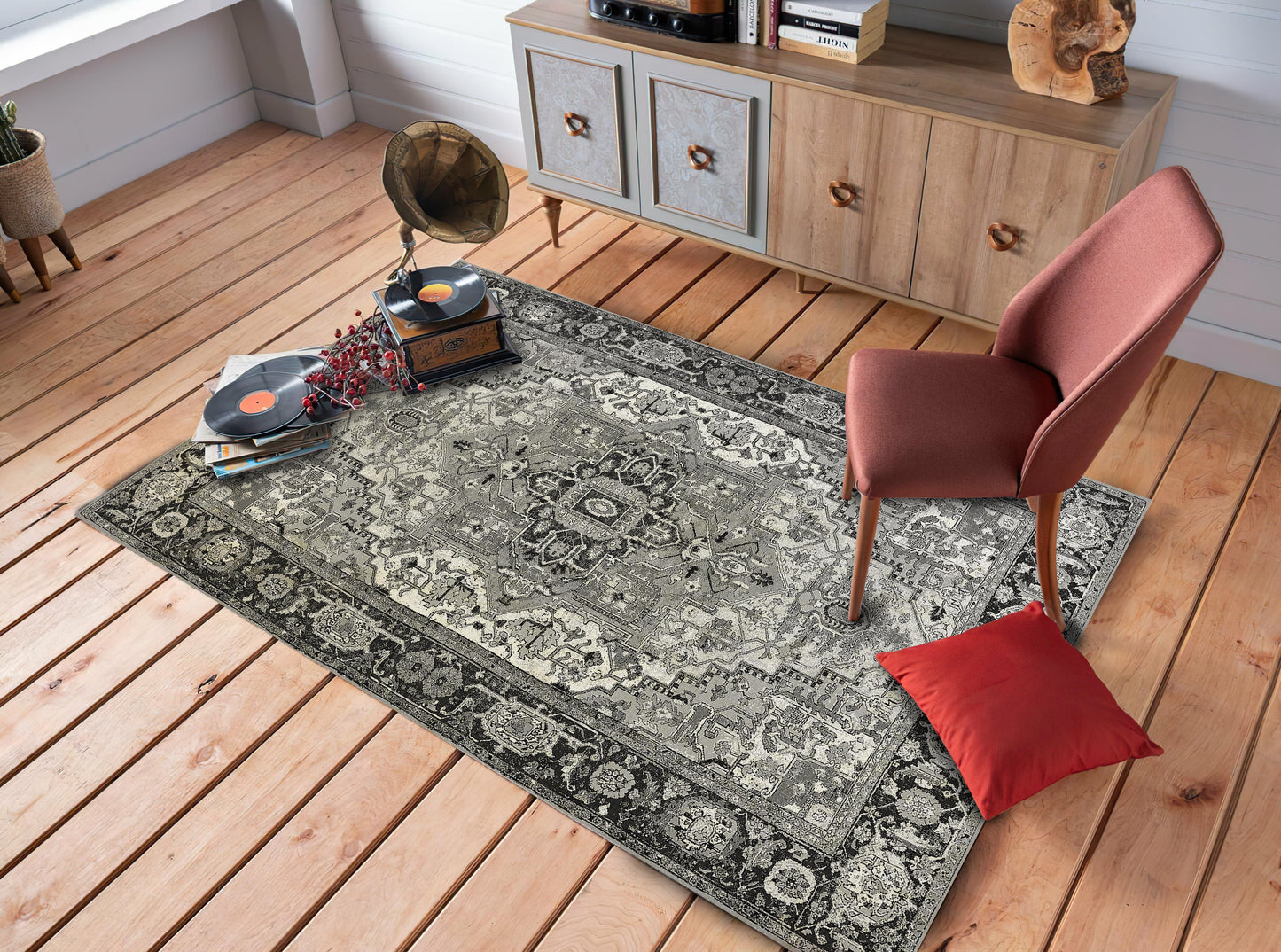 Grey Color Ottoman Rug, Classical Motif Carpet, Luxury Living Room Mat, Retro Style Oriental Home Decor
