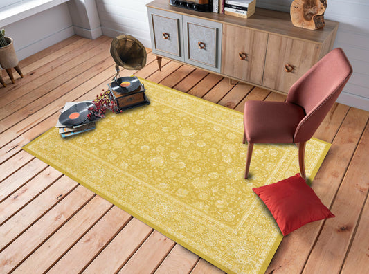 Yellow Bohemian Rug, Modern Themed Carpet, Flowers Turkish Motif Mat, Kitchen Decor