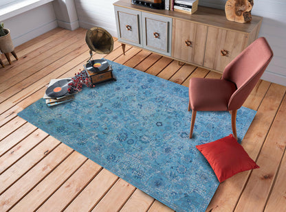 Vintage Turkish Motif Rug, Blue Flowers Carpet, Classical Home Decor, Entryway Mat