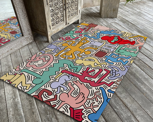 Colorful Keith Haring Pop Art Rug, Abstract Home Decor, Keith Haring Dancing Carpet, Iconic Artist Mat, Retro Art Floor Covering