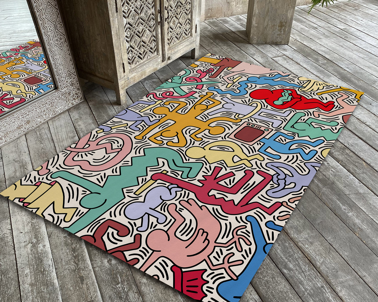 Colorful Keith Haring Pop Art Rug, Abstract Home Decor, Keith Haring Dancing Carpet, Iconic Artist Mat, Retro Art Floor Covering