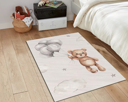Bear and Balloon Rug, Kids Room Carpet, Baby Shower Decor, Nursery Play Mat, Baby Gift