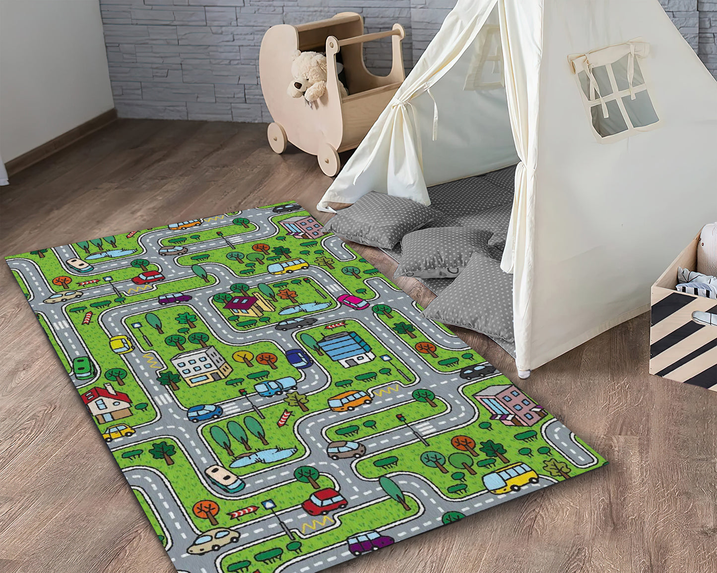 Green City Road Map Rug, Children Room Carpet, Toddler Mat, Kids Decor, Baby Gift