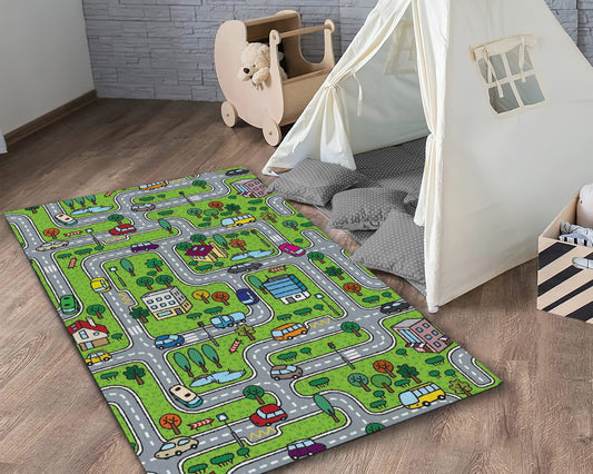 Green City Road Map Rug, Children Room Carpet, Toddler Mat, Kids Decor, Baby Gift