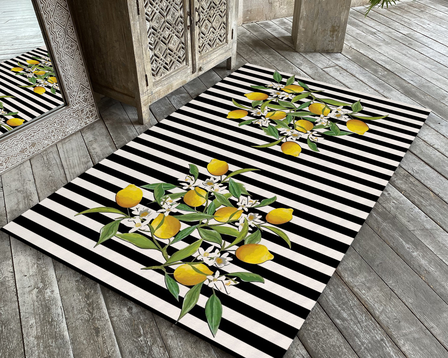 Lemon Tree Pattern Rug, Striped Kitchen Runner Mat, Dining Room Carpet, Entryway Decor