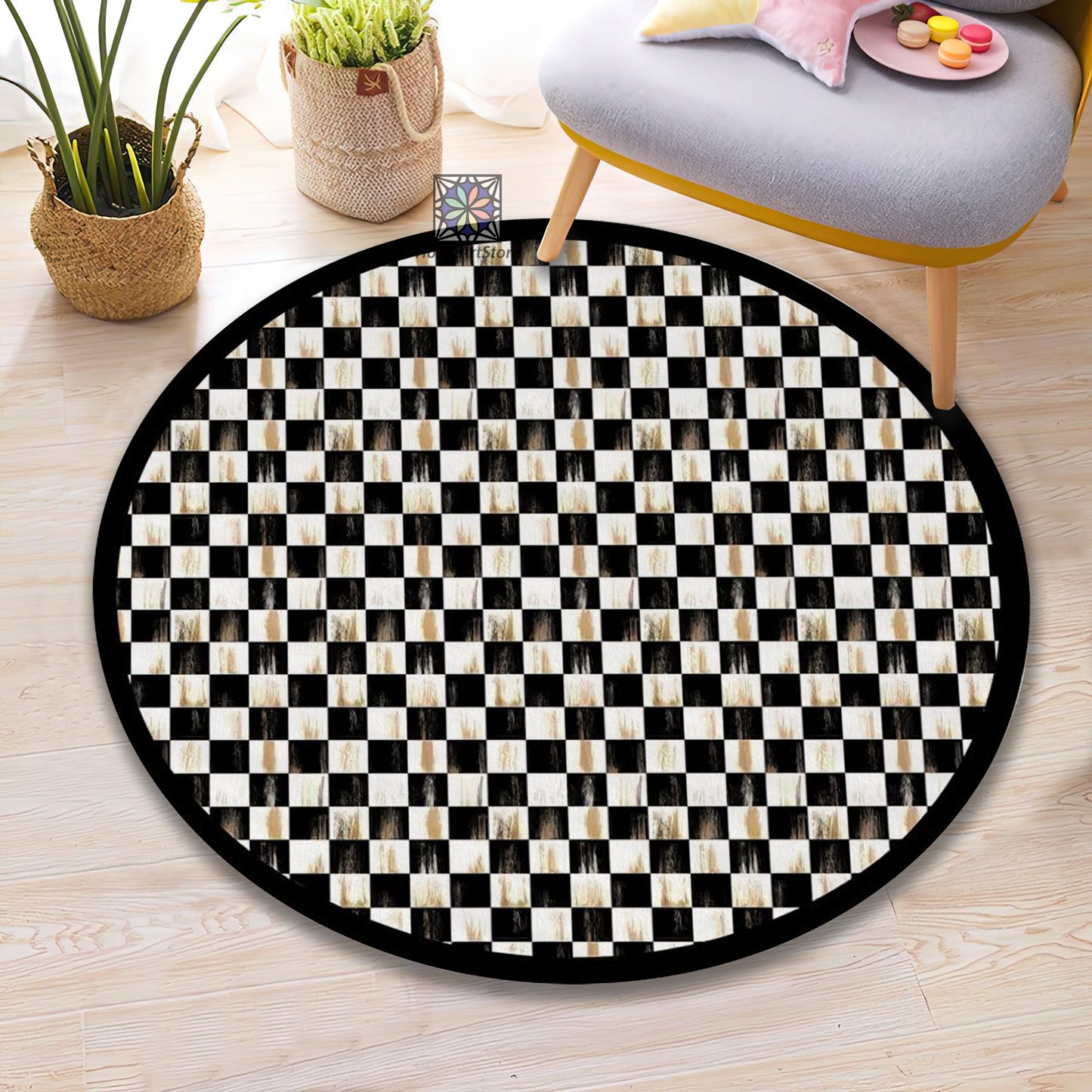 Checkered Pattern Rug, Vintage Kitchen Carpet, Geometric Illusion Decor, Nostalgic Motif Area Round Mat