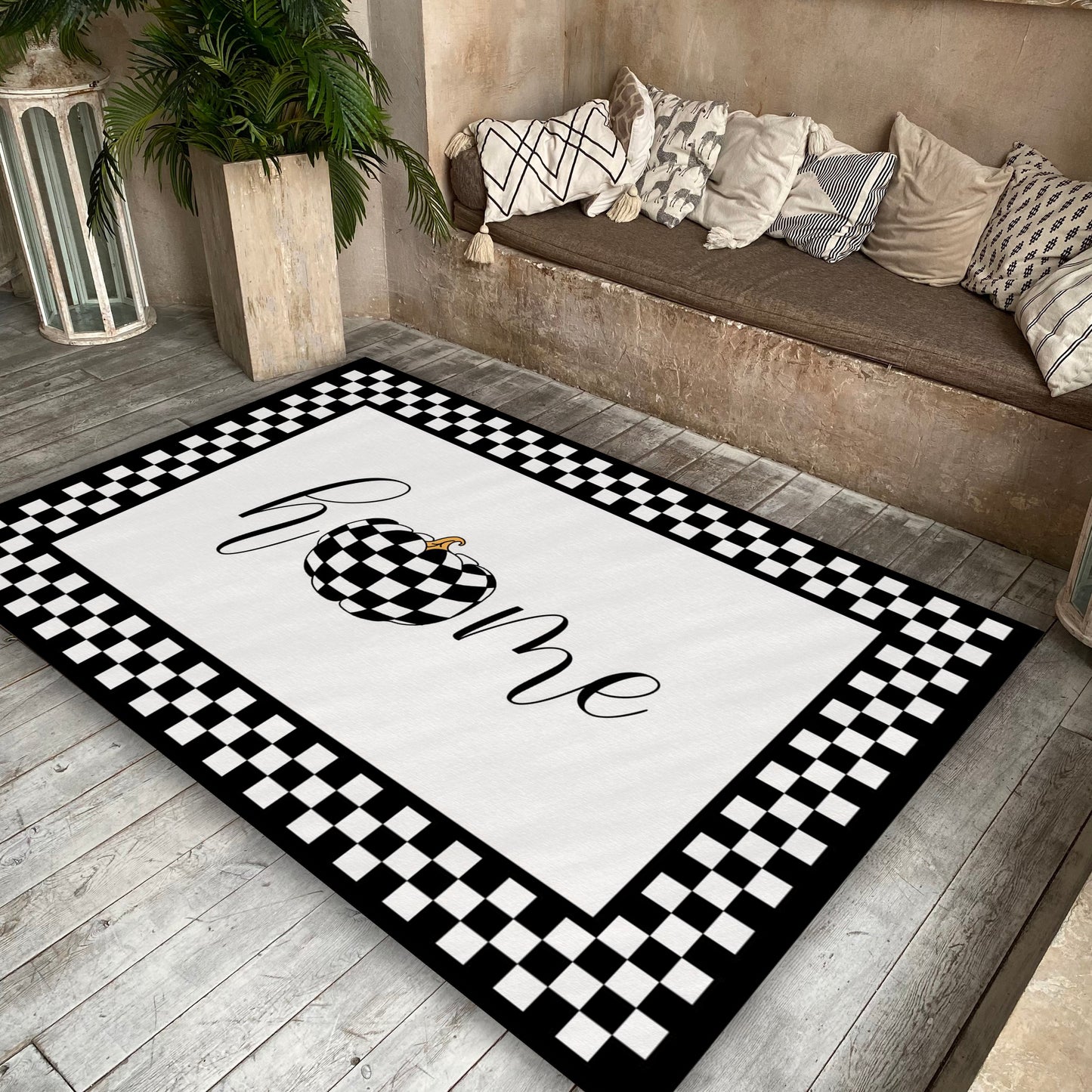 Kitchen Checkered Rug, Home Text Carpet, Entryway Mat, Black and White Kitchen Decor