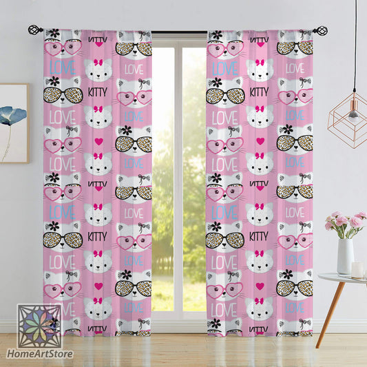 Pink Color Kitty Cat Love Curtain, Girl Room Curtain, Cute Cat Baby Room Curtain, Nursey Decor, Baby Girl Gift