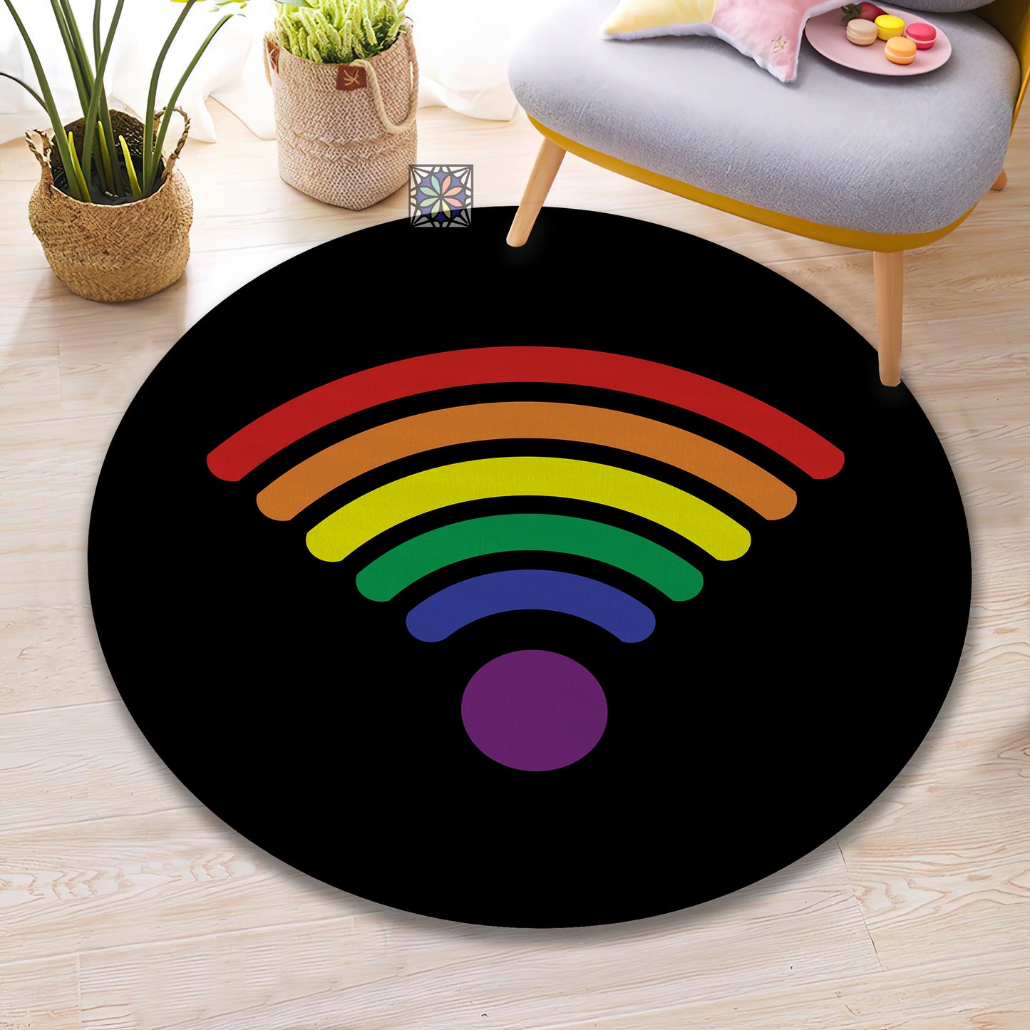 Wi-Fi Patterned Rainbow Rug, LGBT Pride Carpet, LGBT Round Mat, Teenage Room Decor Gift for Gay
