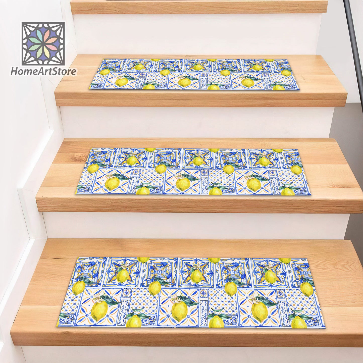 Lemon Pattern Stair Step Rugs, Boho Stair Step Mats, Blue Floral Stair Tread Carpet, Non-Slip Stair Step Rugs