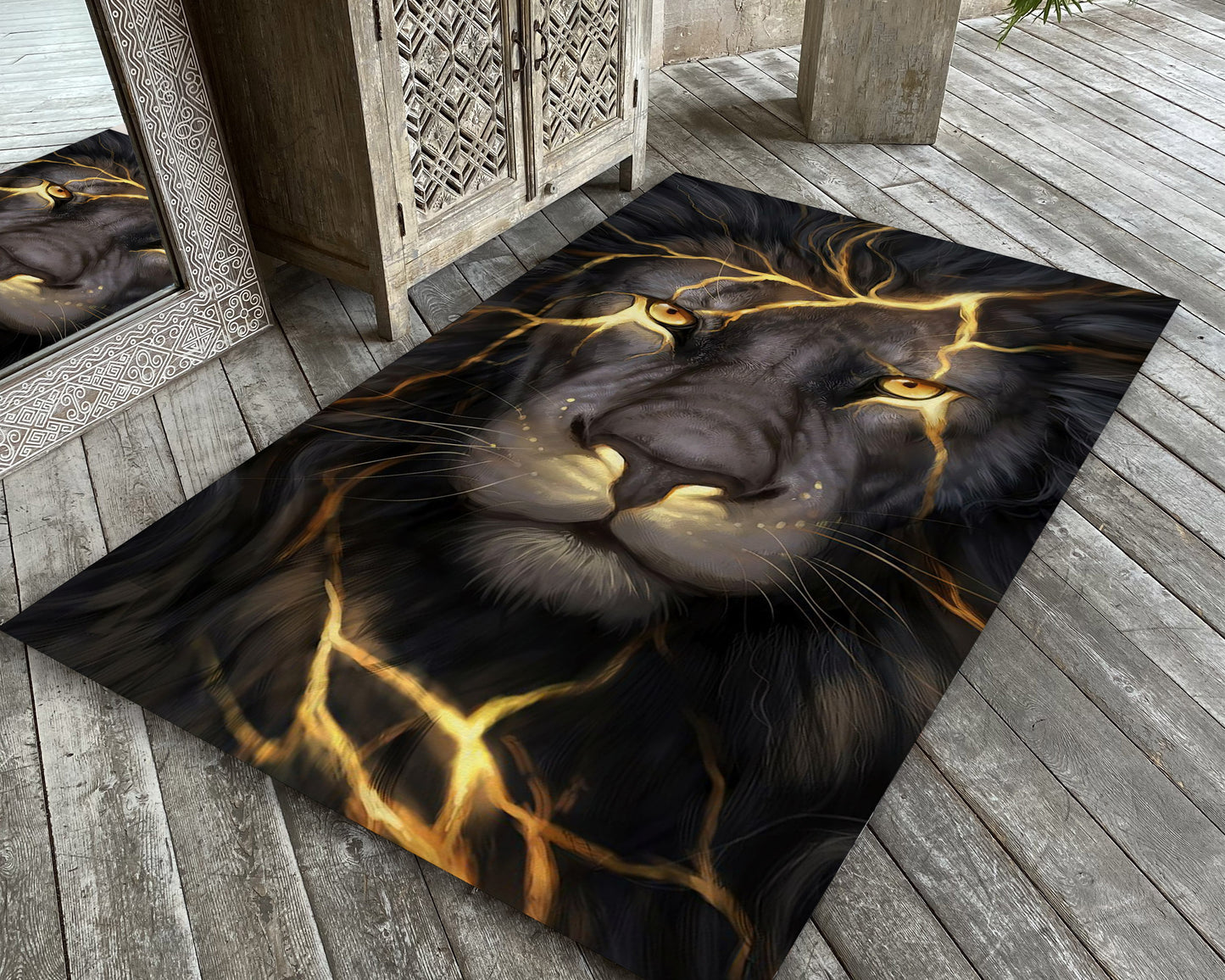 Black Lion Face Rug, Animal Carpet, Luxury Living Room Mat, African Safari Theme Rug