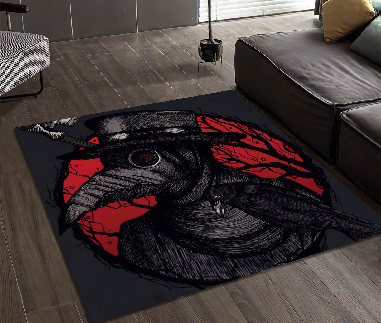 Masked Plague Doctor Rug, Red and Black Scary Carpet, Horror Mat, Gothic Decor