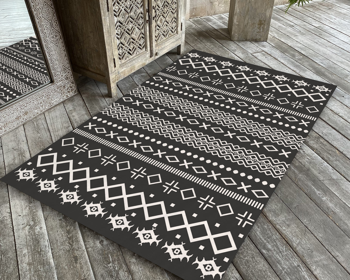 Boho Style Rug, Black Tribal Mat, Vintage Ethnic Carpet, Living Room Rug, Aztec Decor