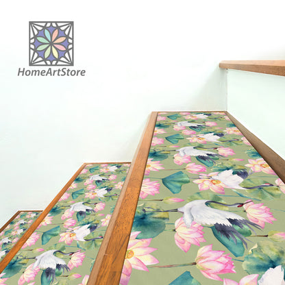 Lotus Flower Stair Step Rugs, Floral Stair Tread Carpet, Green Stair Mat, Boho Style Stair Carpet, Hawaii Decor