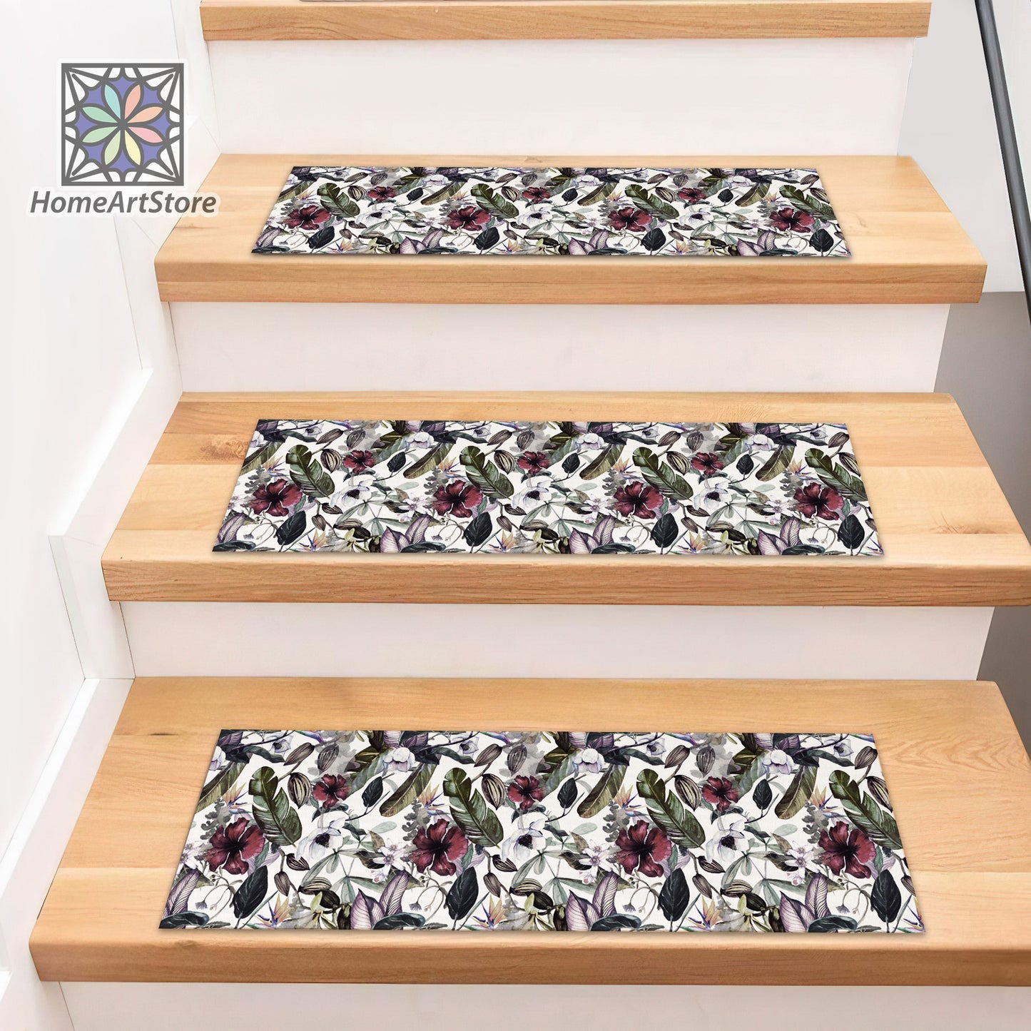 Magnolia Flower Pattern Stair Rugs, Boho Style Decor, Floral Stair Tread Mats, Floral Step Carpet, Tropical Stair Rugs