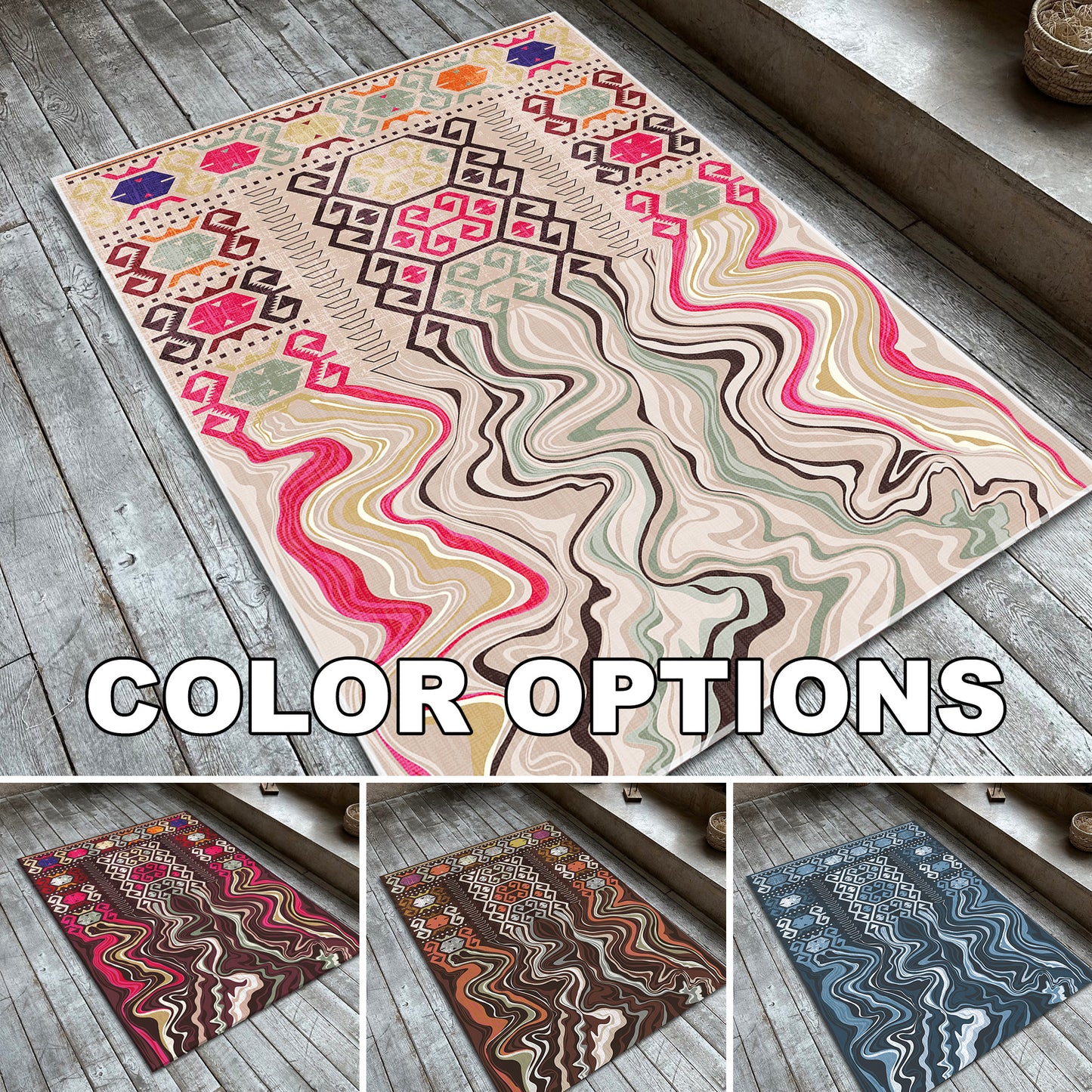 Melting Tribal Pattern Rug – Boho Abstract Carpet in Brown, Beige, Burgundy