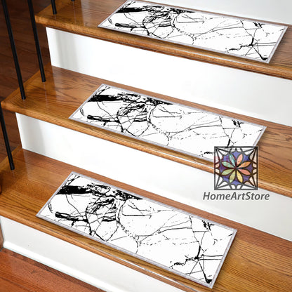 Marble Patter Stair Treads Rugs, Black and White Modern Stair Mats, Non-Slip Stair Step Carpet