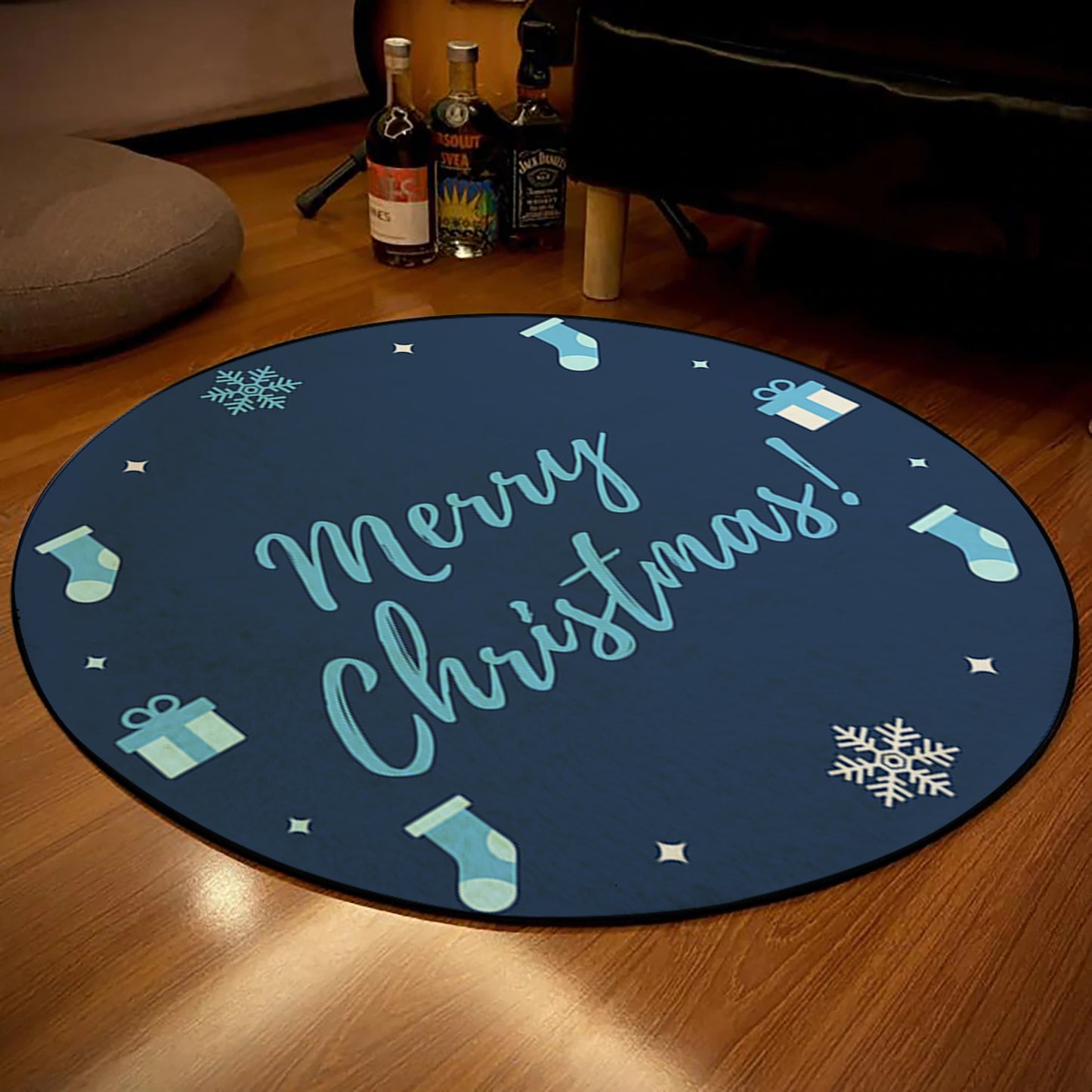 Christmas Rug, Merry Christmas Round Carpet, Christmas Ornament Mat, Blue Noel Decor, Christmas Gift