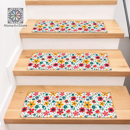 Boho Style Stair Step Rugs, Colorful Flower Pattern Stair Mats, Modern Bohemian Carpet, Floral Step Mats