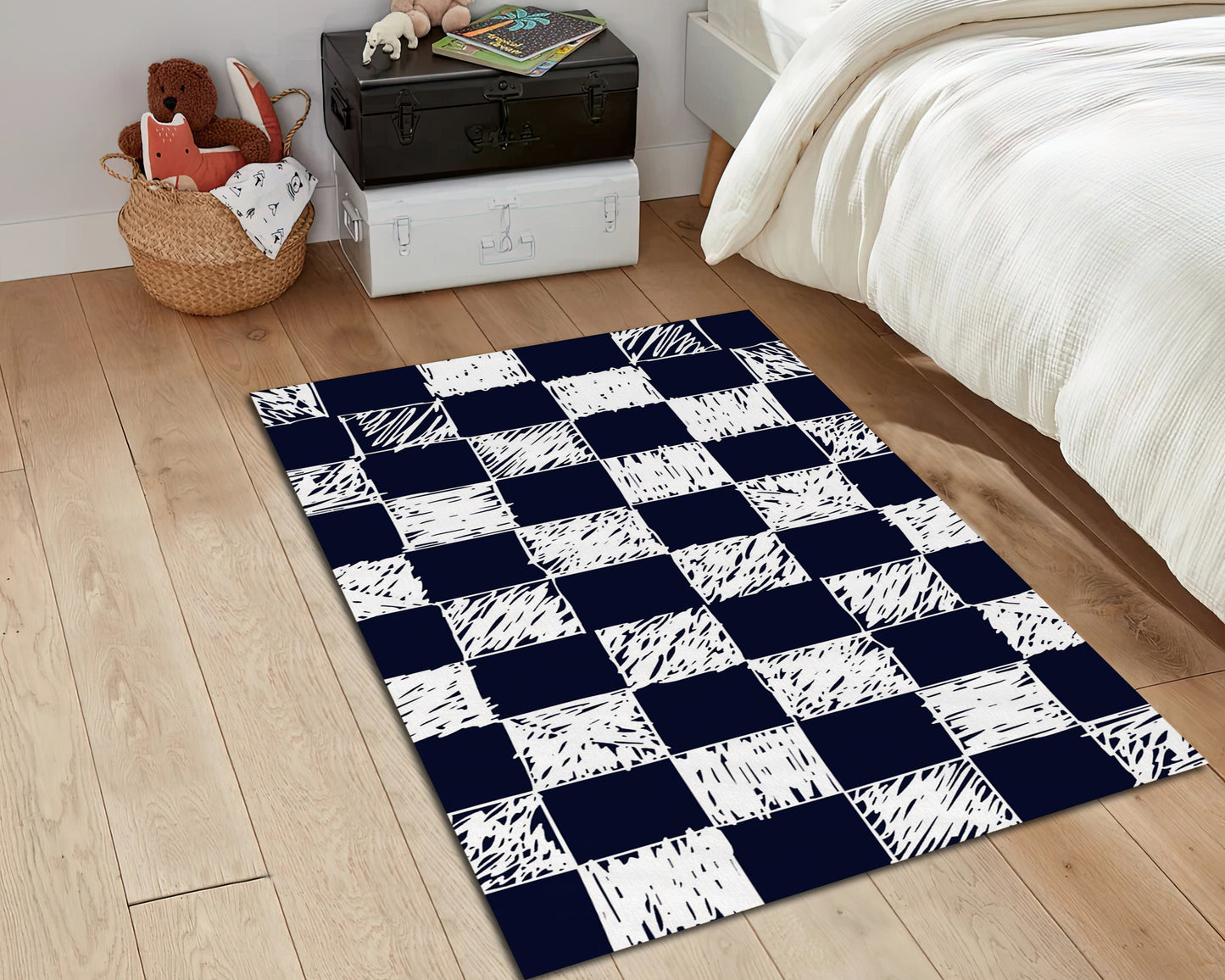 Vintage Checkered Rug, 3D Illusion Carpet, Black Pencil Art Bedroom Mat, Home Decor
