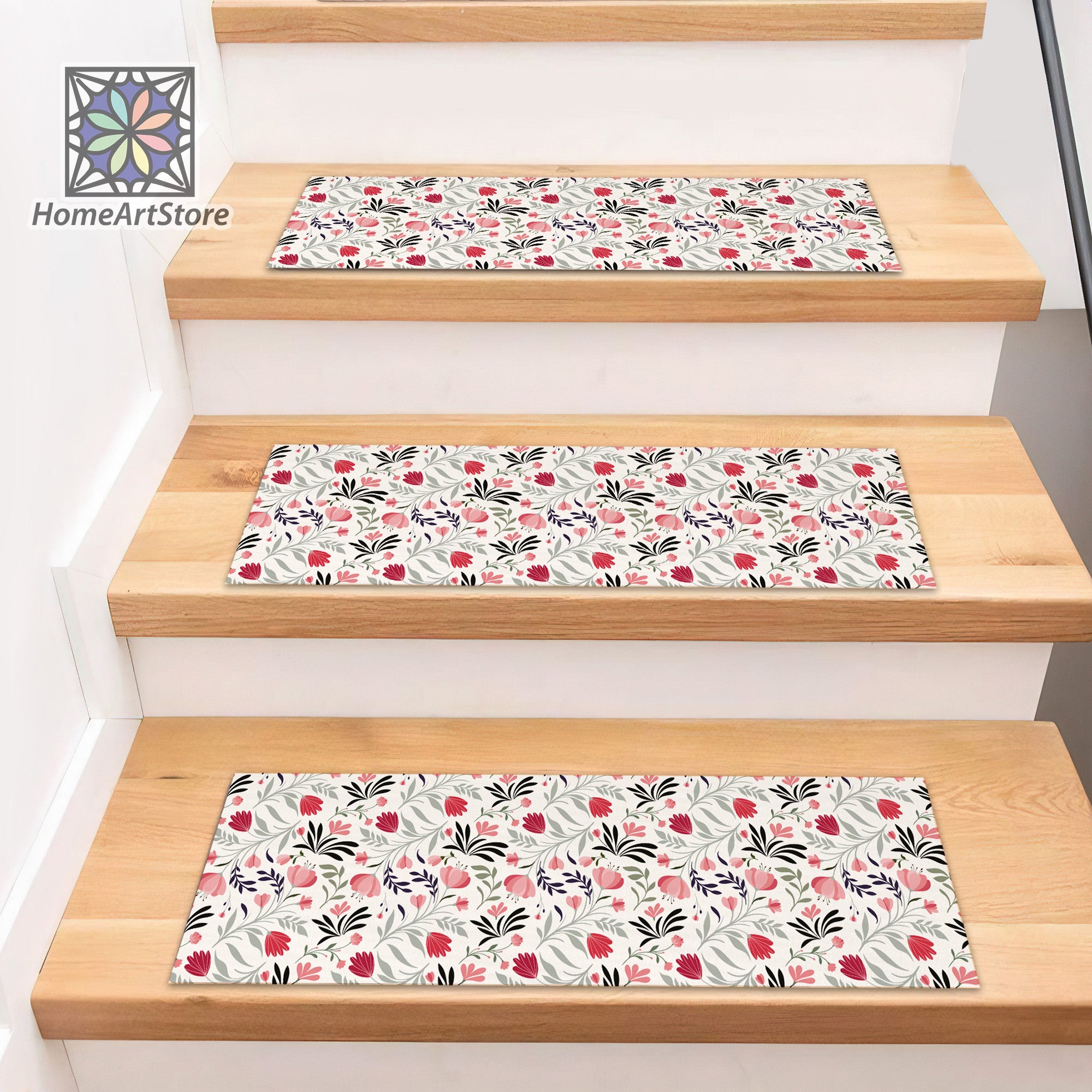 Short Rug For Step Floral Stair Step Rugs, Flower Pattern Stair Mat, Boho Style Decor, Ma ...