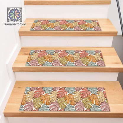 Monstera Leaves Pattern Stair Rugs, Botanic Stair Mats, Tropical Home Decor, Hawaiian Step Carpet