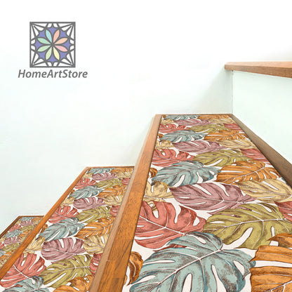 Monstera Leaves Pattern Stair Rugs, Botanic Stair Mats, Tropical Home Decor, Hawaiian Step Carpet