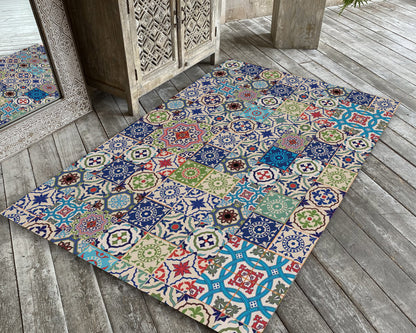 Mosaic Tile Pattern Rug, Turkish Motif Carpet, Kitchen Mat, Modern Decor, Bohemian Rug
