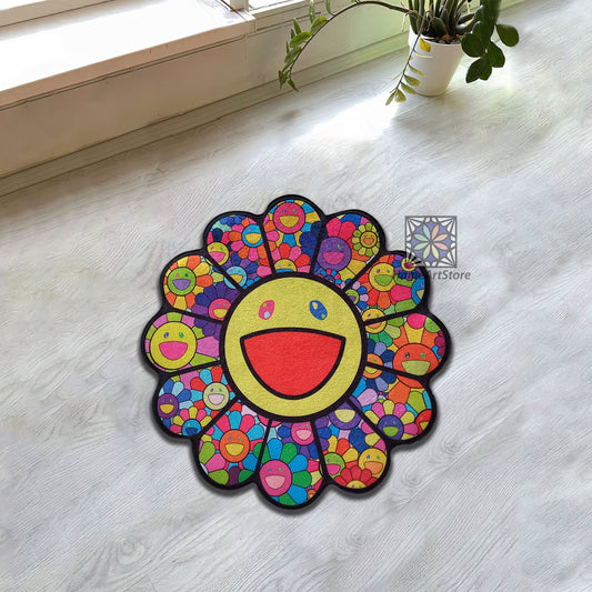 Takashi Murakami Art Rug, Daisy Flower Carpet, Colorful Floral Mat, LGBT Decor, Hypebeast Area Rug