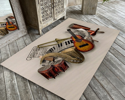 Music Instruments Themed Rug, Music Art Carpet, Piano Cello Trumpet Printed Rug, Music Room Decor