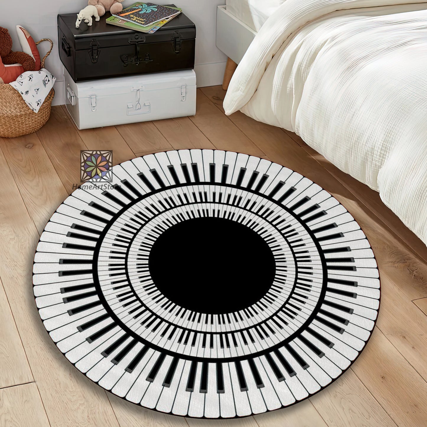 Piano Keyboard Rug, Musical Art Round Mat, Music Notes Floor Mat, Music Room Carpet