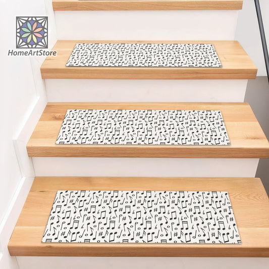 Music Notes Pattern Stair Step Rugs, Boho Style Step Mats, Music Art Stair Tread Carpet, Black and White Stair Mat