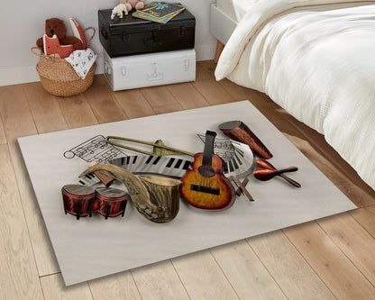 Music Instruments Themed Rug, Music Art Carpet, Piano Cello Trumpet Printed Rug, Music Room Decor