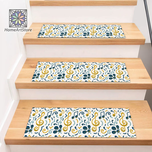 Musical Notes Pattern Stair Rugs, Bohemian Stair Tread Mats, Colorful Boho Mat, Musician Decor, Home Decor