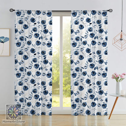 Navy Blue Roses Curtain, Floral Curtain, Flower Living Room Curtain, Kitchen Curtain, Home Decor