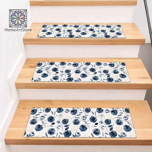 Navy Blue Roses Pattern Stair Rugs, Floral Stair Tread Mats, Decorative Stair Carpet, Modern Step Mat