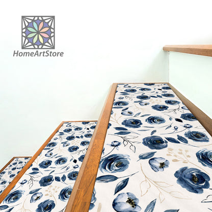 Navy Blue Roses Pattern Stair Rugs, Floral Stair Tread Mats, Decorative Stair Carpet, Modern Step Mat