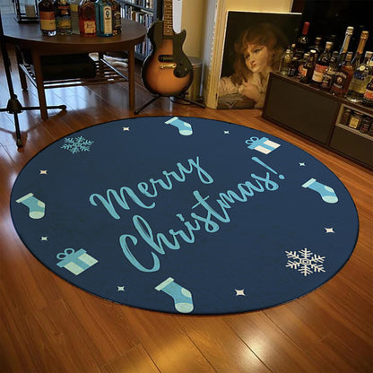Christmas Rug, Merry Christmas Round Carpet, Christmas Ornament Mat, Blue Noel Decor, Christmas Gift
